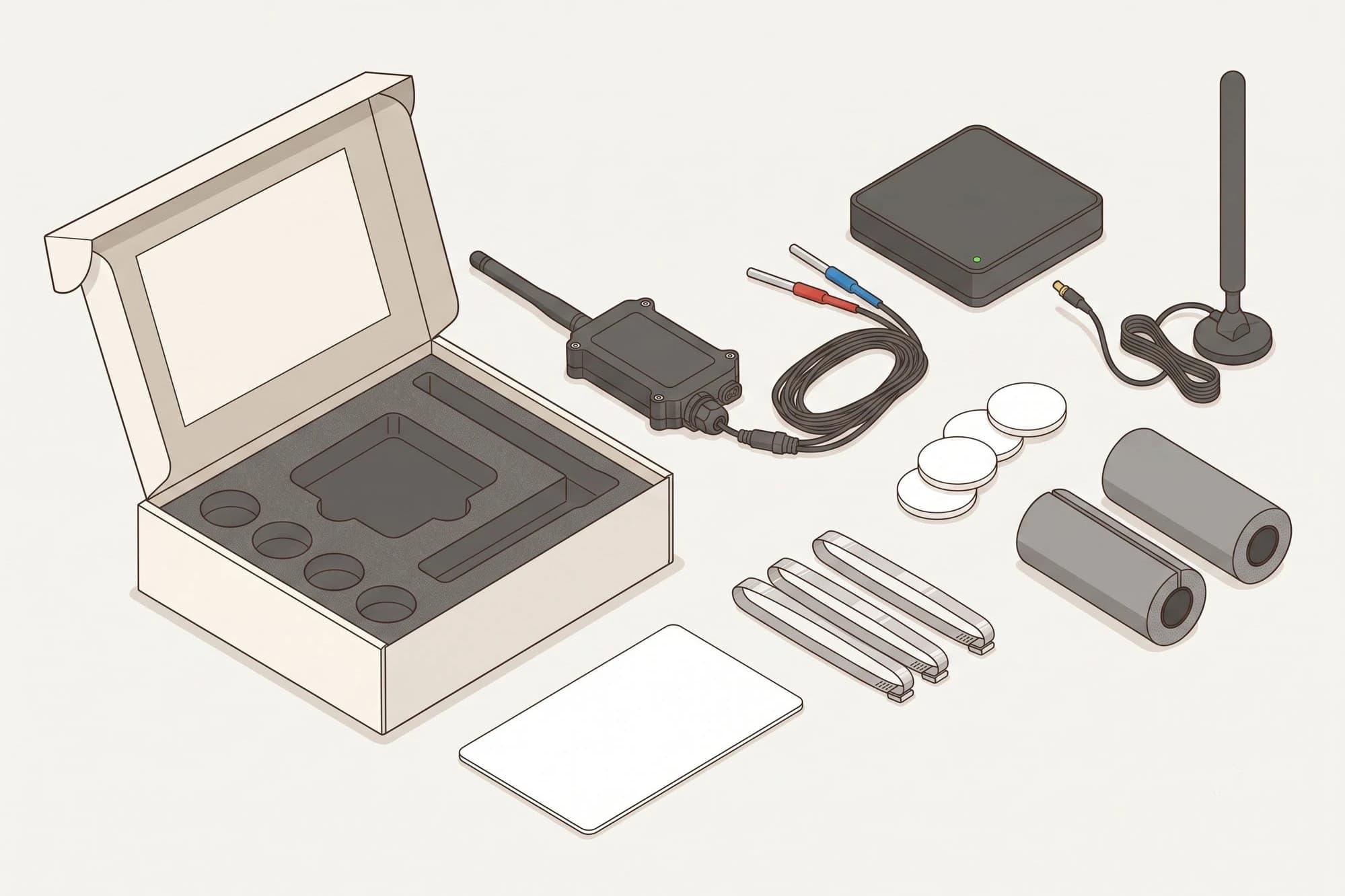 De LegioLog-kit uitgepakt: sensor met voeler, ontvanger met antenne, NFC-tags, isolatiemanchetten, montagebeugels en de quickstart-kaart