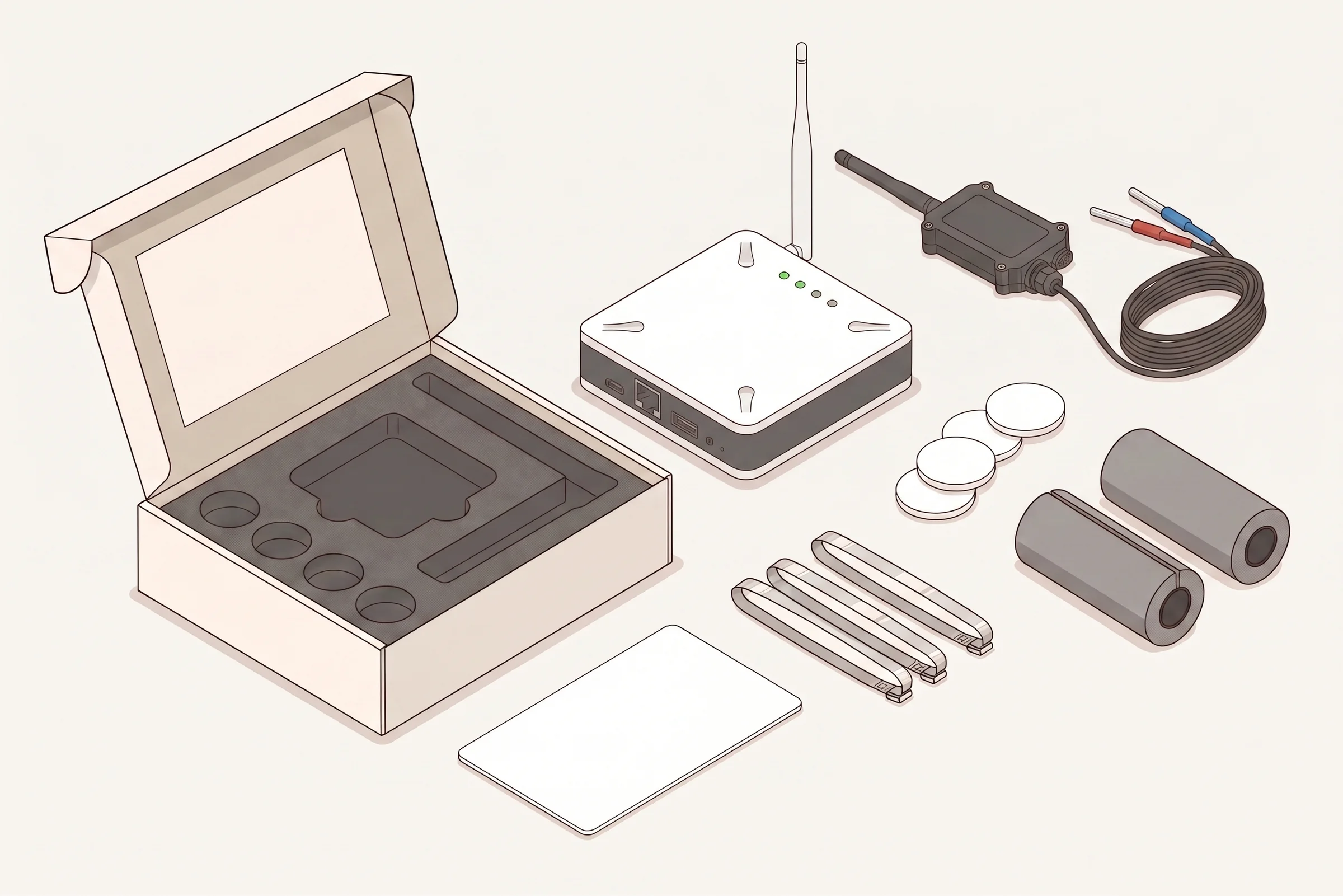 De LegioLog-kit uitgepakt: sensor met voeler, ontvanger met antenne, NFC-tags, isolatiemanchetten, montagebeugels en de quickstart-kaart