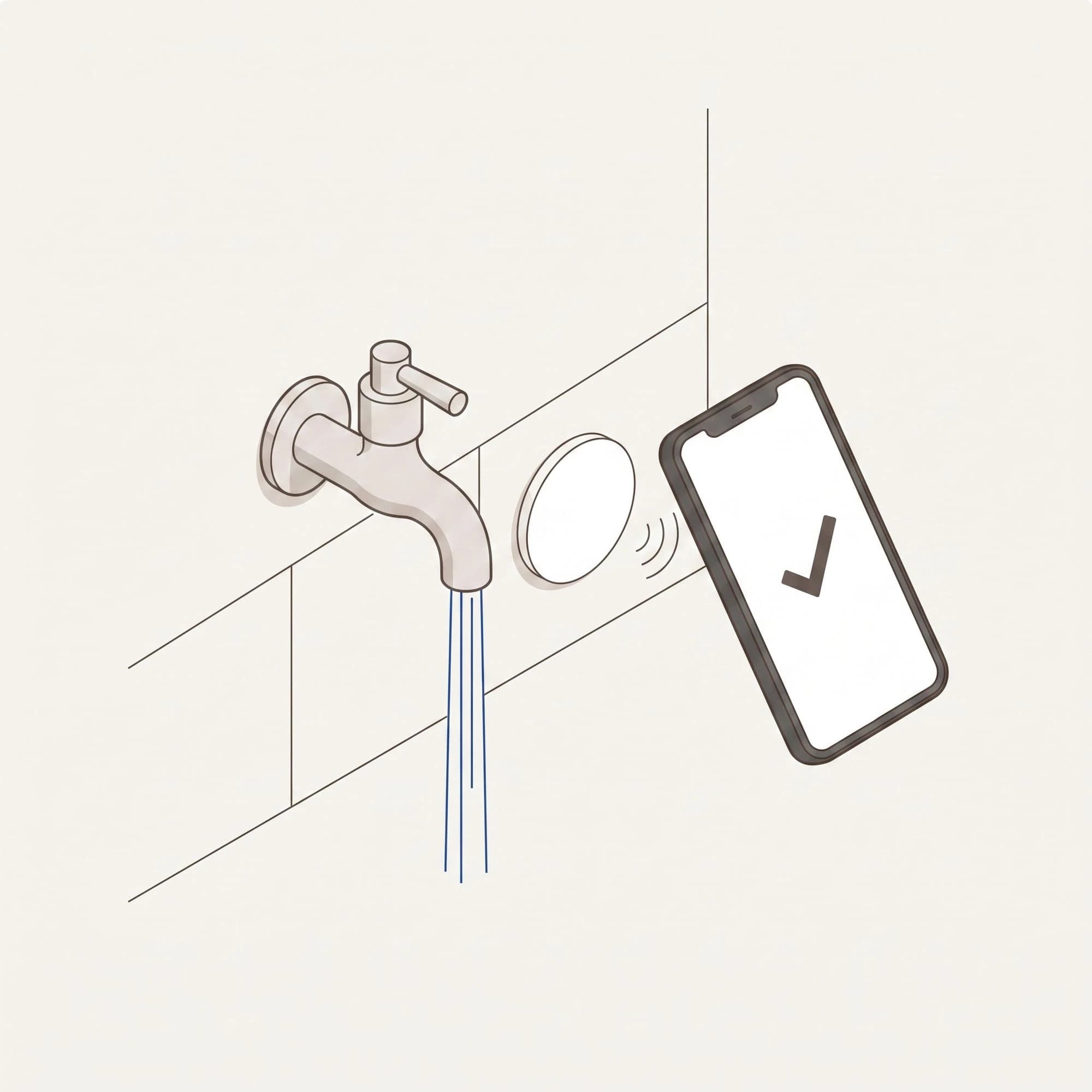 Een telefoon houdt bij de kraan de NFC-tag vast; de spoeling wordt vastgelegd met een vinkje