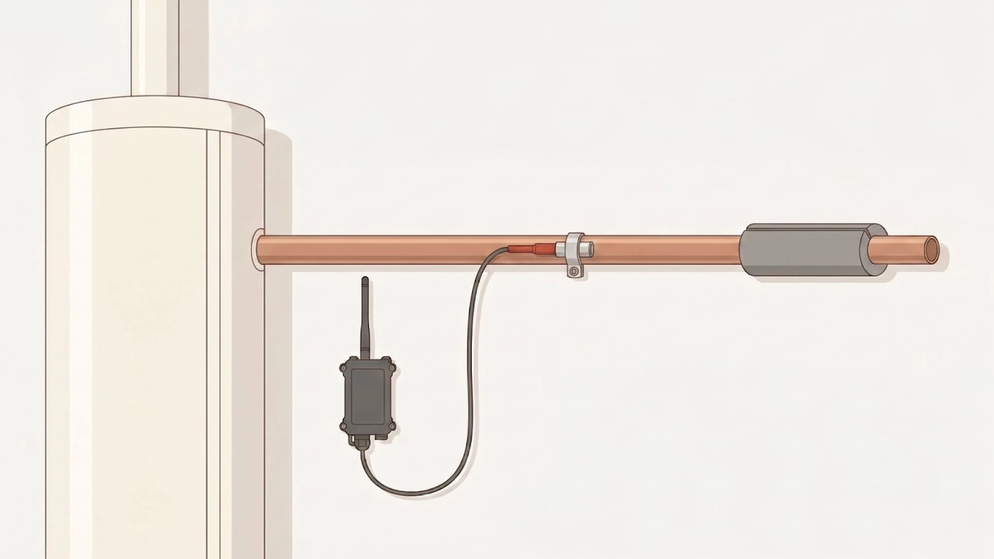 Een sensor geklikt op de warmwaterleiding bij de boiler, met de isolatiemanchet eroverheen