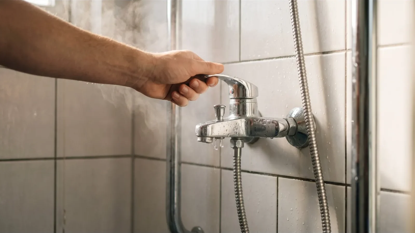 Hand die een douchemengkraan opendraait, met stoom van warm water