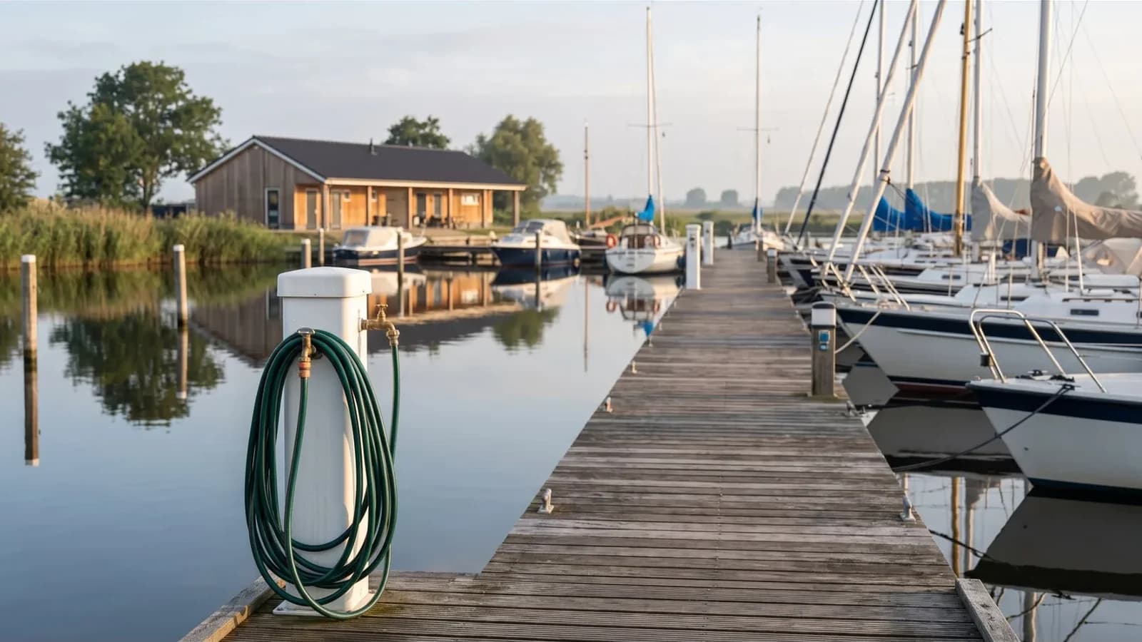 Steiger in een Nederlandse jachthaven met een waterpaal en opgerolde tuinslang, zeilboten en het havengebouw op de achtergrond