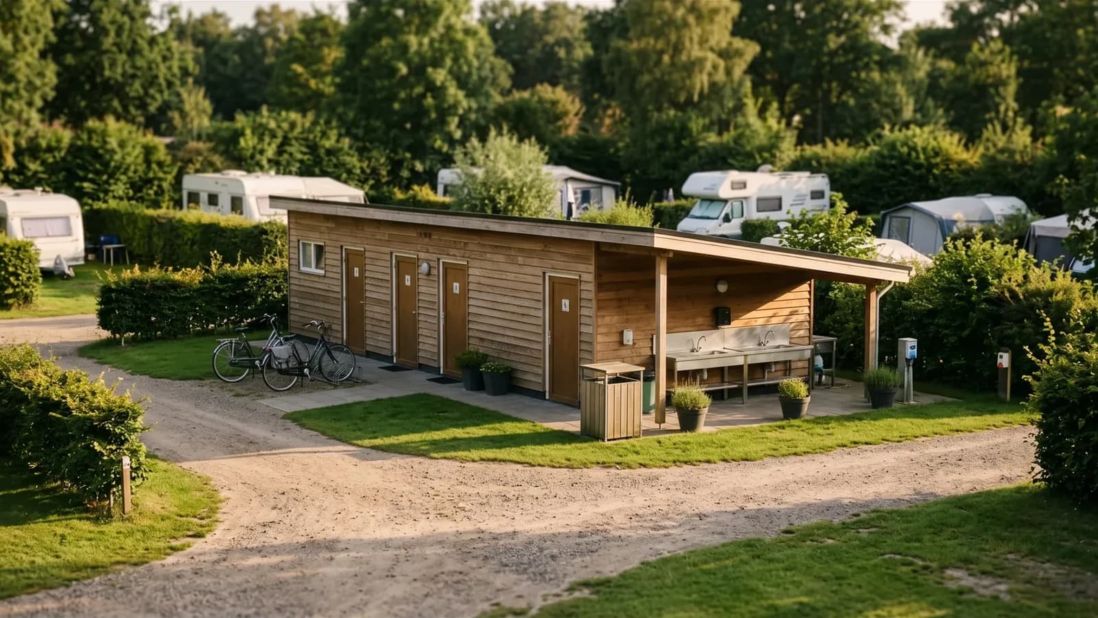 Houten toilet- en douchegebouw op een Nederlandse camping in de zomer, met caravans op de achtergrond