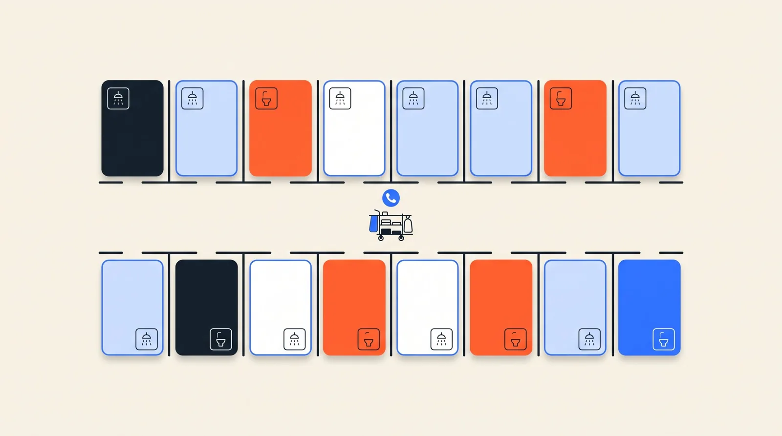 Plattegrond van een hotelgang met kamers in blauw, oranje en donker en een housekeepingkar in de gang.